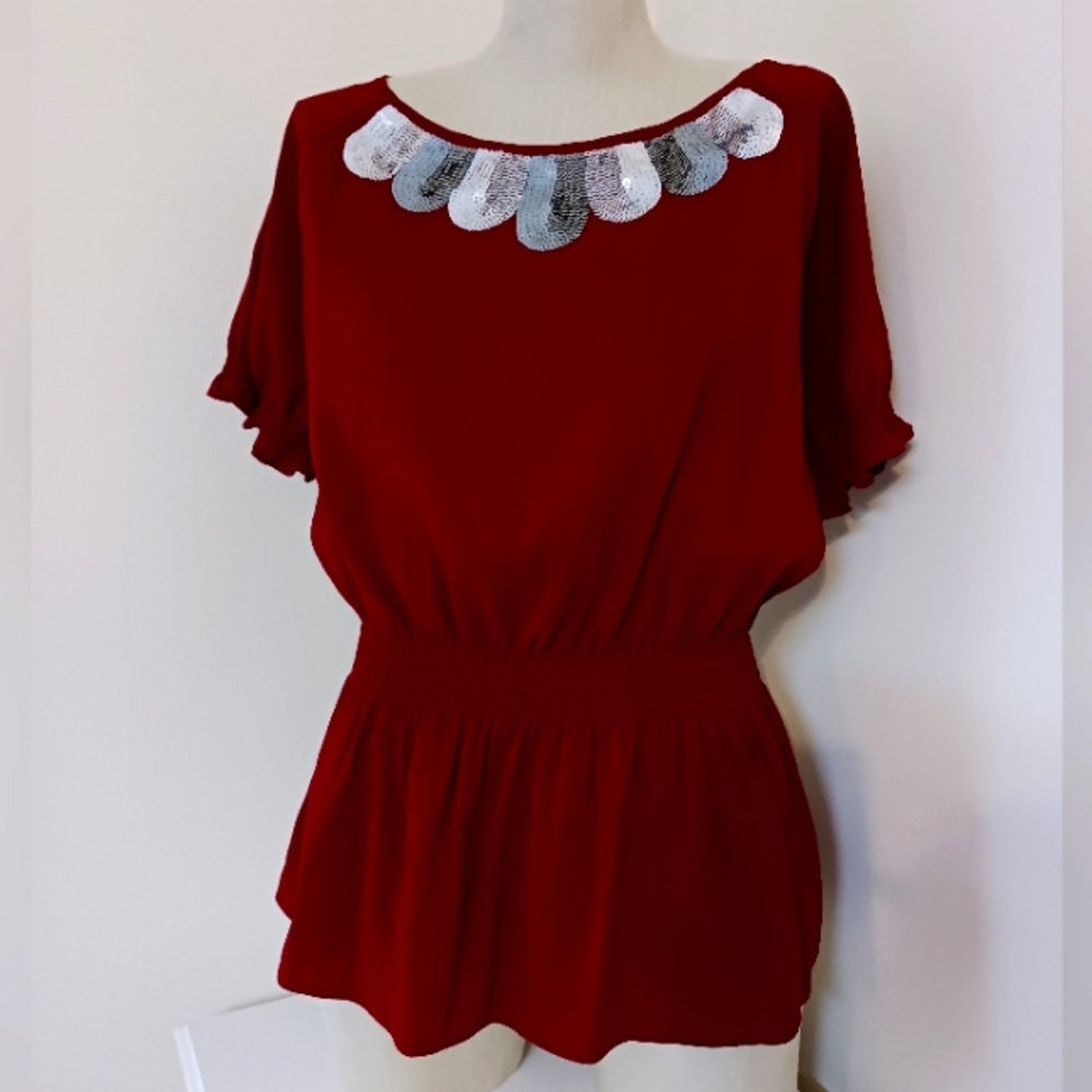 Gianni Bini Burgundy Sequin Short-Sleeve Blouse Sz L